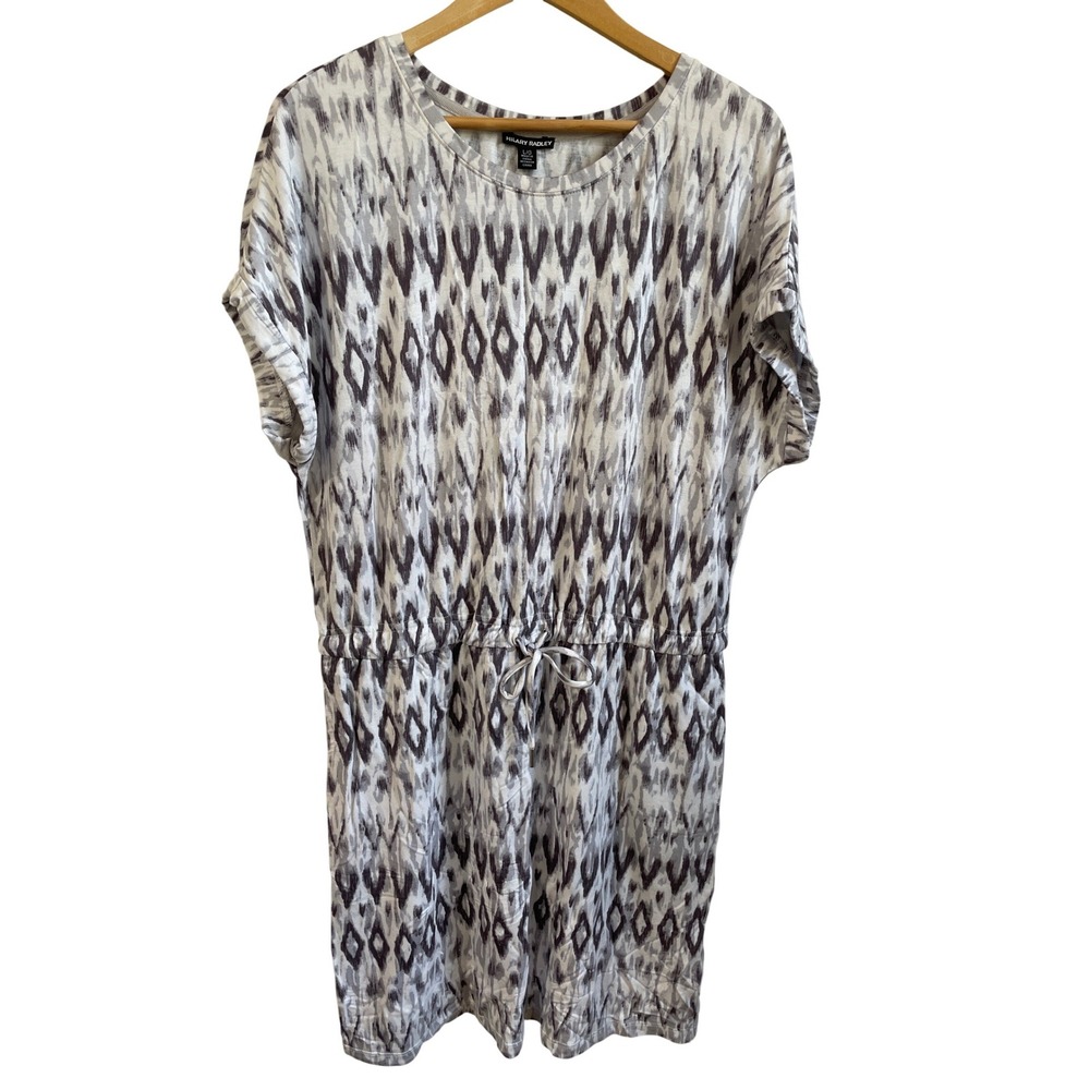 Hilary Radley Grey White Ikat Diamond Drawstring Waist Pocket Dress Womens Large